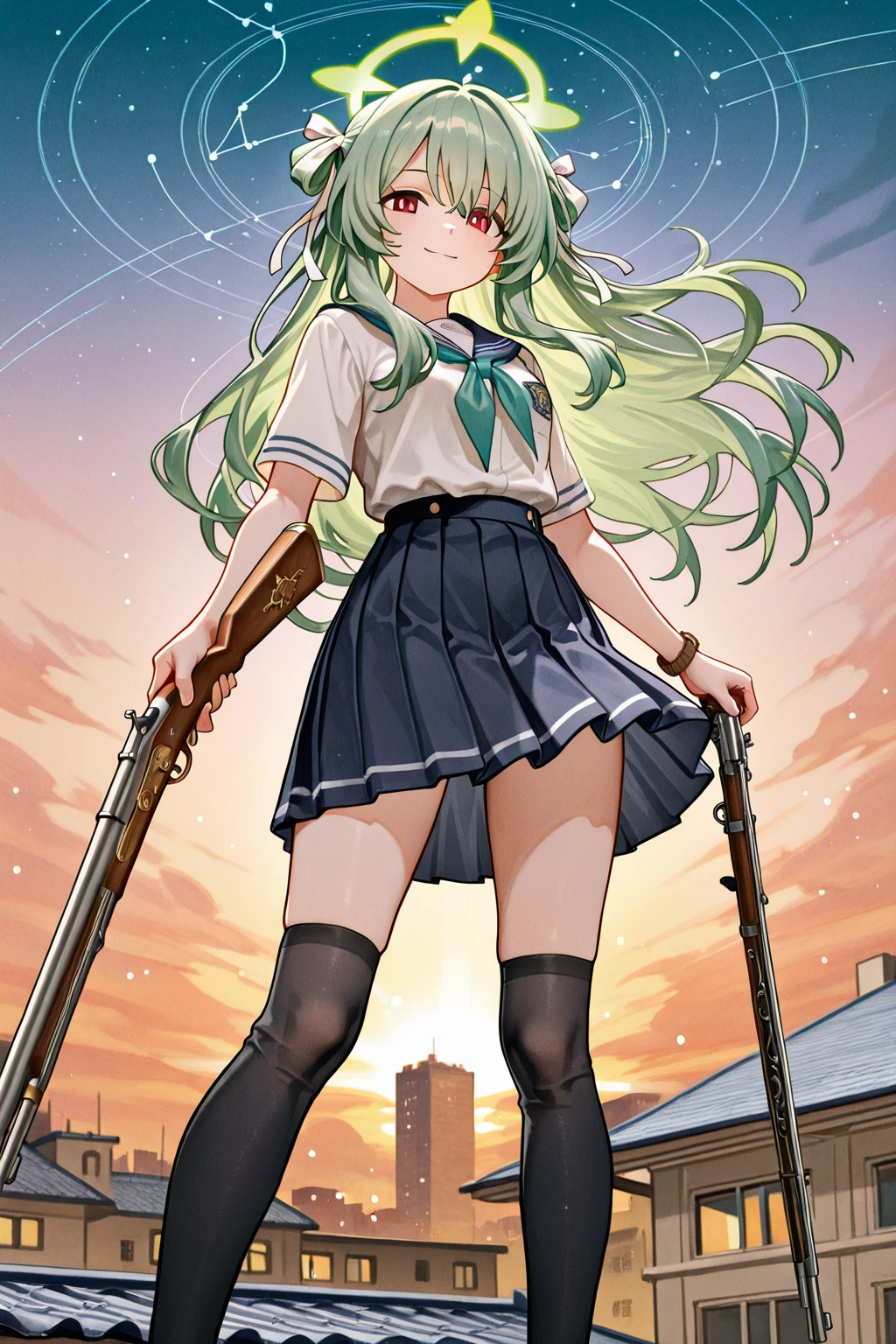 Highest quality、Ultra HD、One Woman、(Silver long hair 1.3)、(Green Blazer 1.3)、(White tight mini skirt 1.3)、(Black tie)、(Black Loafers 1.1)、((Shoot a gun 1.2))、(Large Breasts)、(Thighs)、(Black knee-high socks 1.2)、(Beautiful face with sharp eyes 1.2)、40-year-old woman、Slender body、(Night School Background 1.2)、((Clear and beautiful touch))