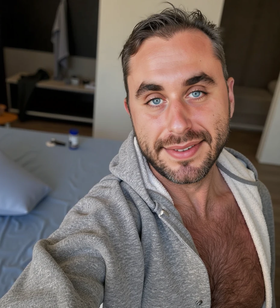 ((mejor calidad)), ((obra maestra)), (detallado), perfect face mature man about 35 is a hairy man photo taken from a phone selfie style the guy is handsome and attractive and another the shirtless man photo taken with a phone in his hand