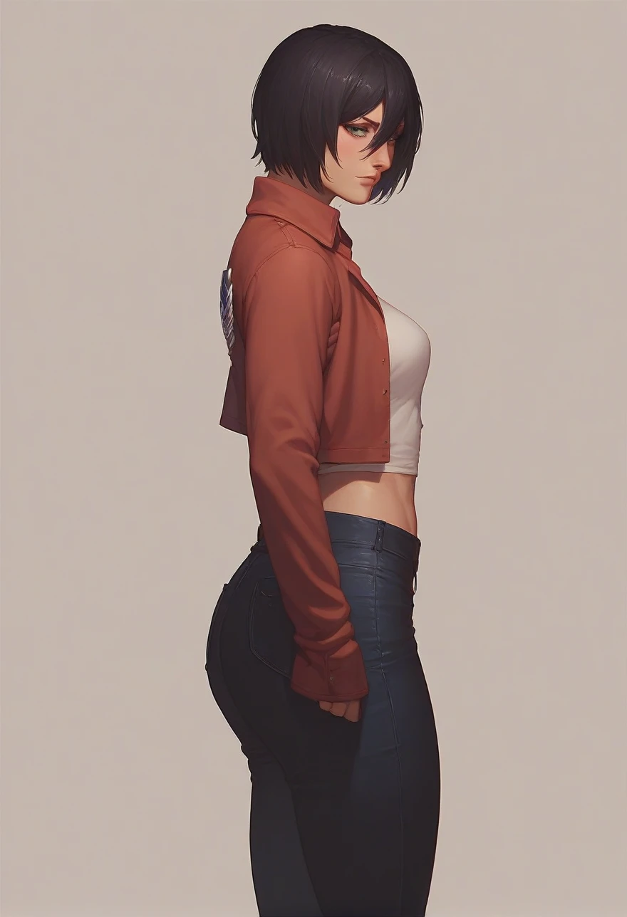 Masterpiece , highly detailed , best quality , perfect face , green eyes , fubuki , wearing black leather jacket over short sleeves red printed t-shirt and blue jeans , in city , arms bound behind back   , looking at camera , standing still 