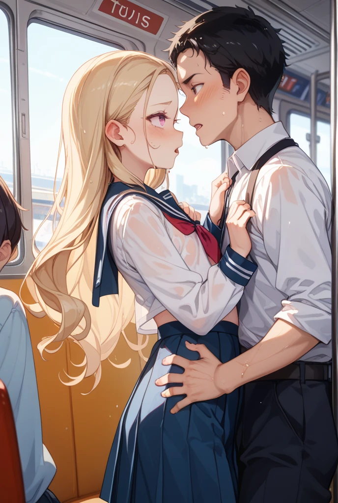 Station ticket gates、A man in a suit groping a schoolgirl's breasts and buttocks、A white shirt that fits her no-bra 、Blue and white striped skirt、Bare legs and leather shoean in white suit
