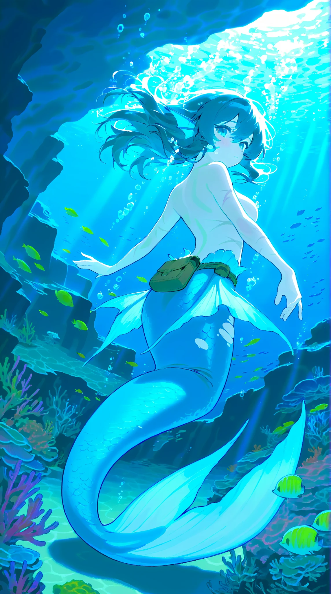 mermaid,translucent skin,slime,glowing body,curvy,solo,no humans,afloat,sheer clothes,air_bubble,ocean bottom,Marine Biology,<lora:VFX_Marine_Biology_v1:0.5>,