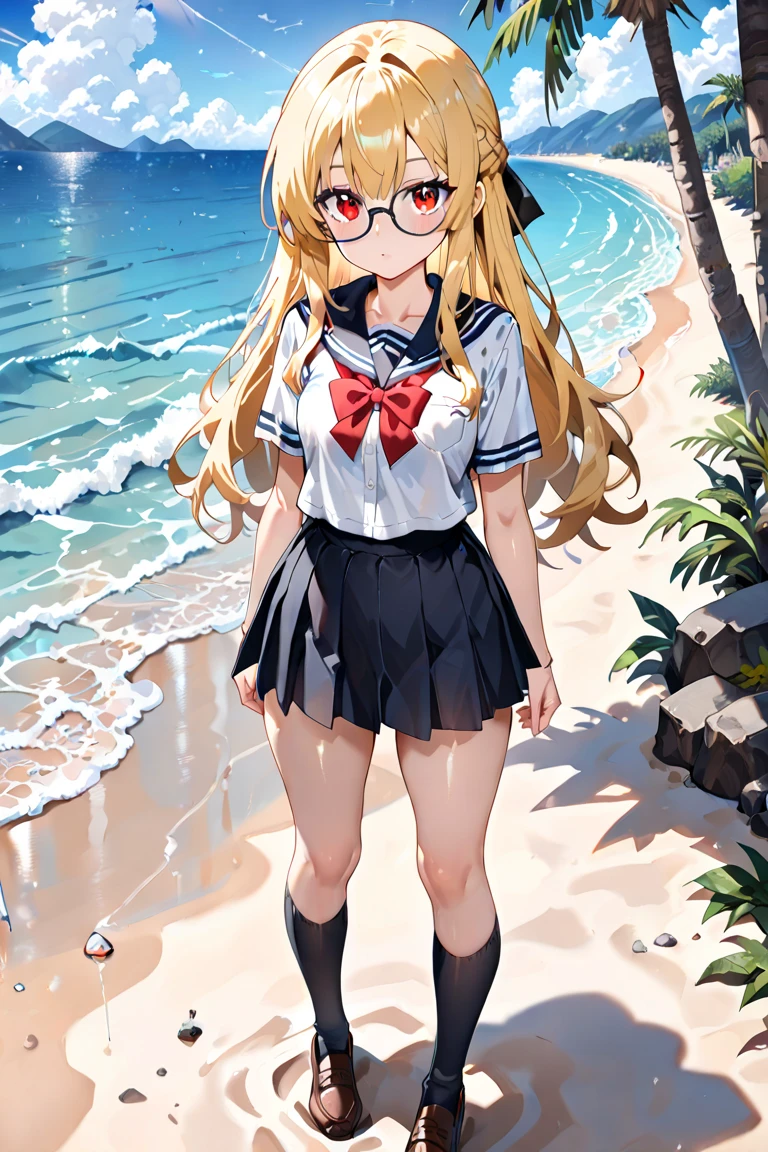 solo, kemono, female, orange and white hair, blue eyes, wear black long-sleeved shirt, wear black panties, wear red bow tie, wear glasses, blushes, look at camera, smile open mouth, standing on beach, beach background, sunrise time