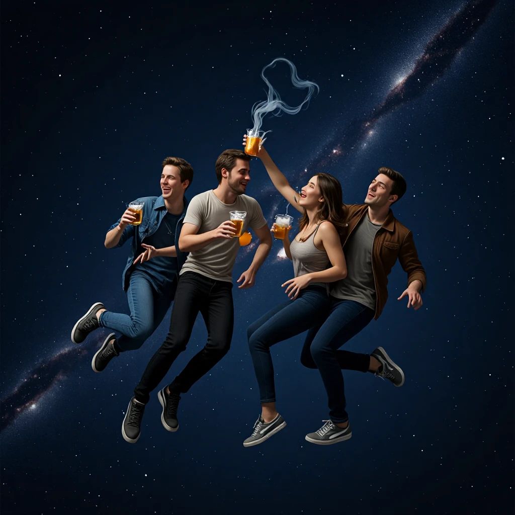 "A playful, whimsical illustration of four human astronauts around a table inside a futuristic spaceship, each holding and raising beers in a toast, with joyful expressions and floating among colorful buttons, screens, and glowing lights, in the style of vibrant, animated space fantasy art --ar 1:1"