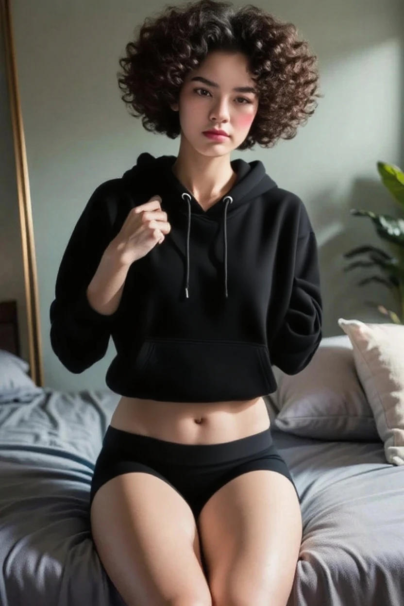 photorealistic, dynamic pose, 1girl, skinny, tan skin, Chinese, baggy hoodie, wide crotch space, wide thighs, bedroom, masterpiece