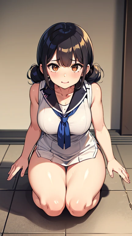 Residential Street,smile,Squat,1  ,ponytail,Black Hair,blush,Navy blue school swimsuit,barefoot,White skin,summer,From below,Open your hands,shy,Sweat,shy,