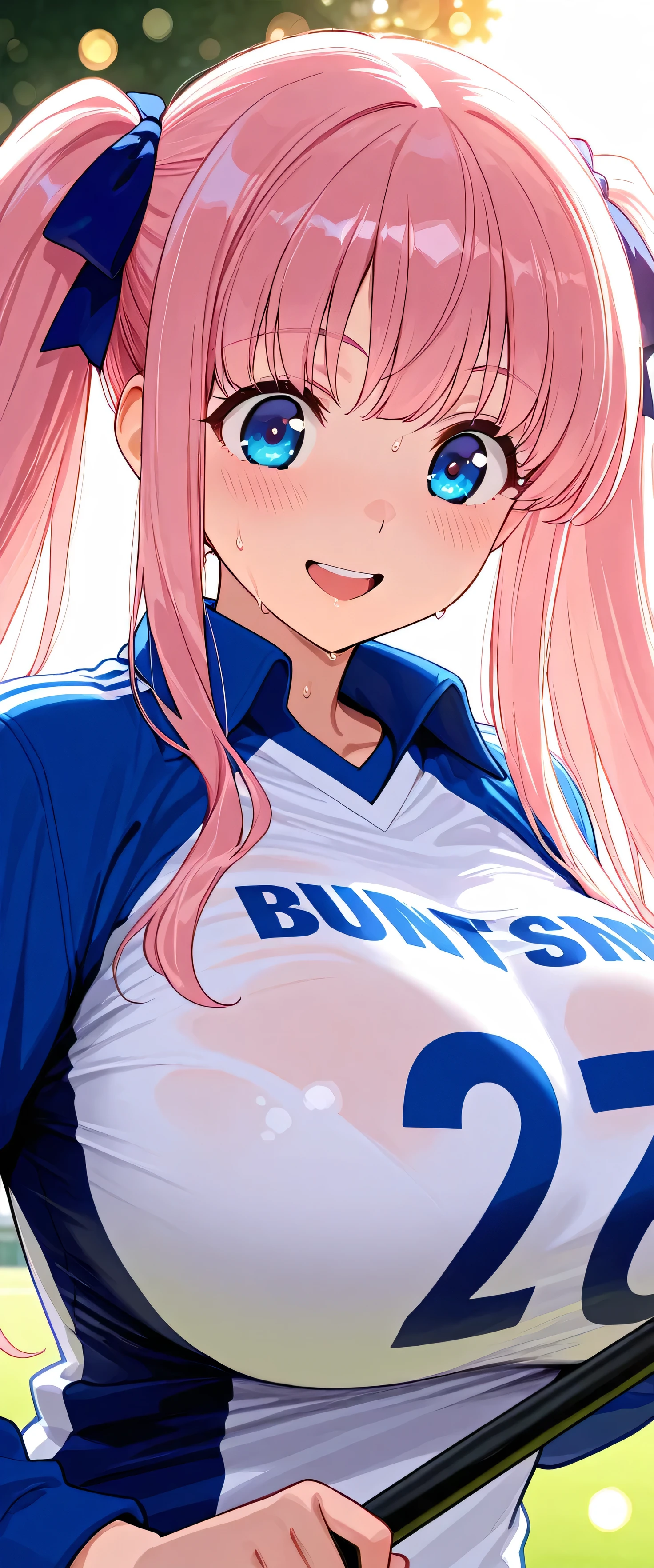 (beautiful girl: 1.3),masterpiece,Please redeem,Ultra-high resolution,Rich contrast,Very high quality,8k,Highly detailed CG unit wallpaper,Texture,So ridiculous,RAW Photos,Please redeem anime,Depth of written boundary 1.2,nodoka_haramura, 1girl, pink hair, twintails, long hair, blue eyes, ribbon on twintails, huge breasts,Lacrosse Uniforms,lacrosse coat,(playing lacrosse),wide eyes,(((sweat)),(Circular Bokeh),(backlighting:1.3),Open your mouth wide,smile,(close up:1.4)