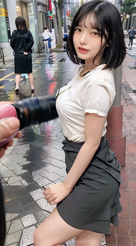 fullnude、the setting sun、Black-rimmed glasses, Black short hair, Japanese high school girl, Oblique eyebrows, Single eyelid , Sad face, Full body photo,Naked、fullnude、not any dressed、Reflecting the whole body、In the city of Shibuya、Wear socks、Hide with ribbon、looking distantly、Evening glow