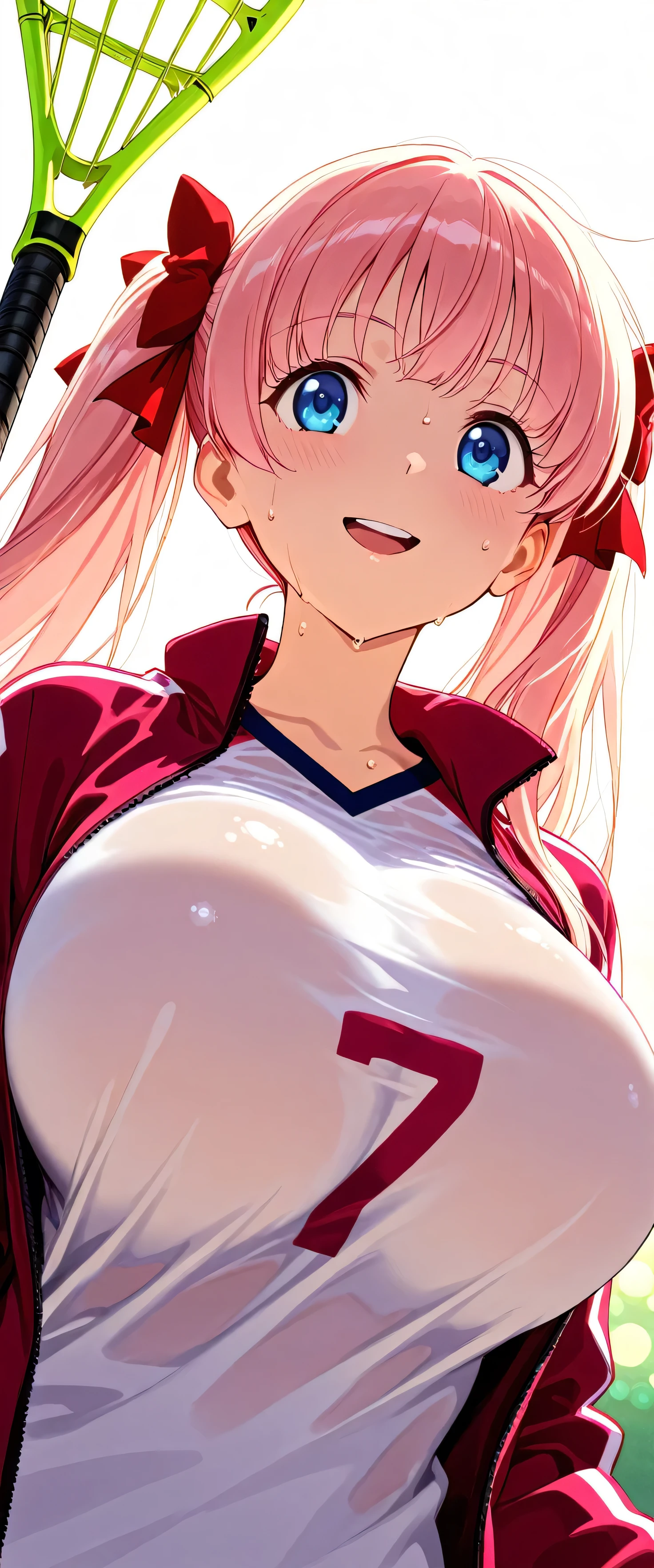 (beautiful girl: 1.3),masterpiece,Please redeem,Ultra-high resolution,Rich contrast,Very high quality,8k,Highly detailed CG unit wallpaper,Texture,So ridiculous,RAW Photos,Please redeem anime,Depth of written boundary 1.2,nodoka_haramura, 1girl, pink hair, twintails, long hair, blue eyes, ribbon on twintails, huge breasts,Lacrosse Uniforms,lacrosse coat,(playing lacrosse),wide eyes,(((sweat)),(Circular Bokeh),(backlighting:1.3),Open your mouth wide,smile