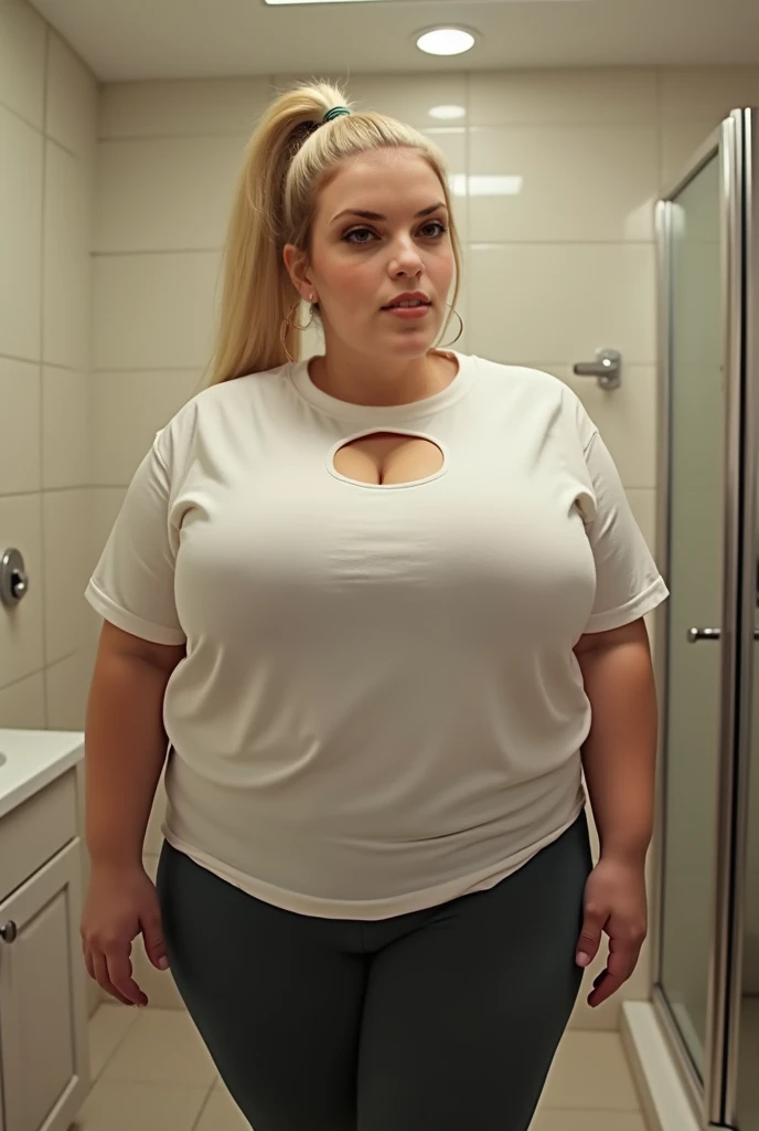 Chubby bbw thic fat blonde woman, chubby belly, blonde hair, shaved pussy, naked, wet body, kneeling on hotel shower,sucking man Big penis, pissed by tall handsome dominant man, rimjob