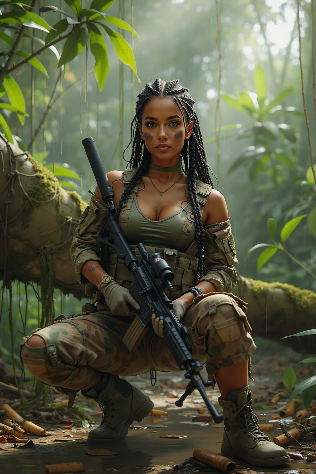 Duas mulheres sexy, seios grandes, athletic body in a river in the forest NSFW tactical vest afro blonde braided nsfw nudity 