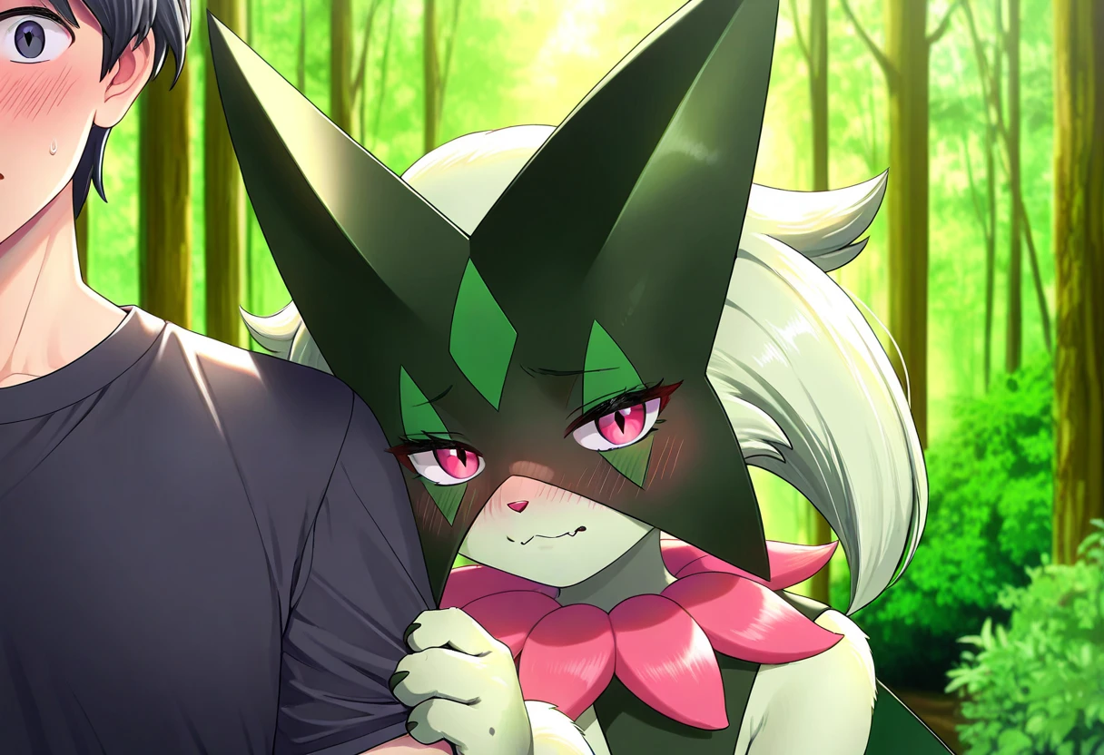 score_9,score_8_up,score_7_up, source_furry, meowscarada from Pokemon, tall slender body, furry body, eyes half open, medium breasts, :3, nipples, blowjob, oral sex, she is sucking on a human males cock, cumming in her mouth, ahegao, looking up at male, outdoors at a grassy field, 