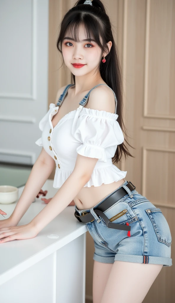 ((Highest quality、8K masterpiece:1.3))、Sharp focus:1.2、(Super beautiful face:1.0)、(Slim beauty:1.0)、(Glowing Skin:1.0)、Photo Real、Black-haired、Video Lighting、High resolution eyes and face、Video Lighting、(Cowboy Shot:1.3)、(Cute Korean Actresses)、from the front、Small breasts、smile、No sleeve