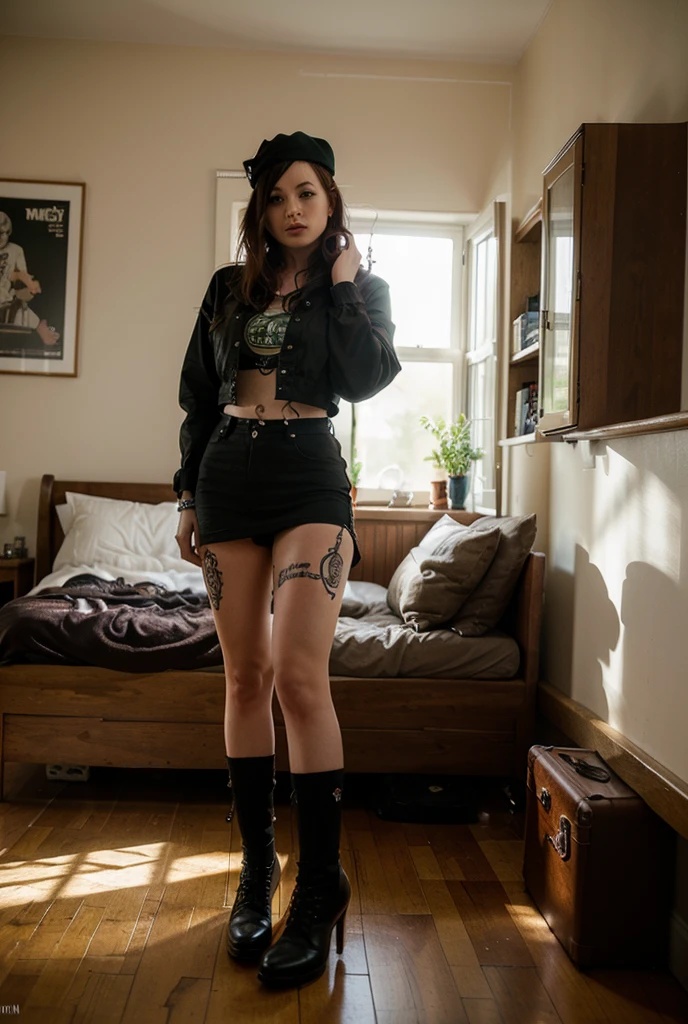 emo girl with pale skin, a pony tail, huge breasts stretching a black t-shirt with a skull imprint, and tattered jeans sitting on the floor of her messy bedroom, portrait, looking shyly at the camera, looking shyly at the camera, looks at the camera, looks at the camera