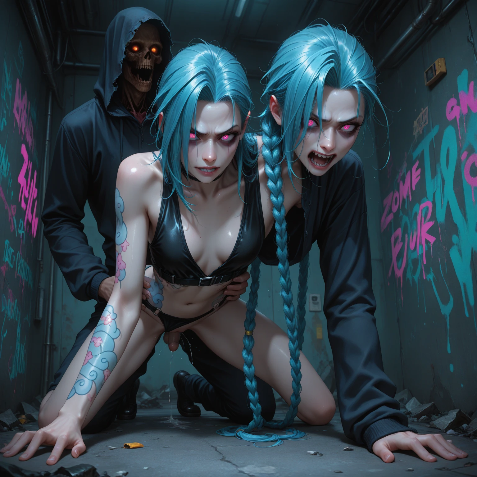 two humanoid teenage tribesman, with piercings tattoos and body paint, feathers and long hair, i, in a dirty and mucky toilet in a cold cyberpunk city, having sex, naked,, wide-shot full body, illustration style enki bila