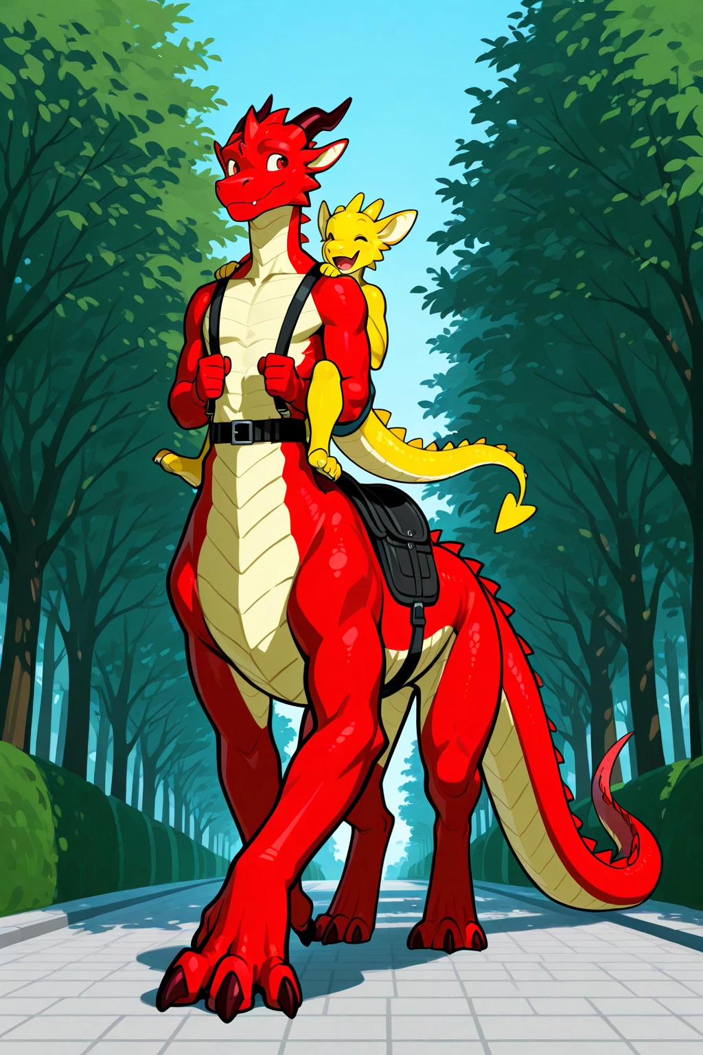 muscular red dragon with spikes
along its head, drinking water from a
bottle. The dragon is wearing
transparent shorts that subtly
outline of his ?????, extending from the
groin to the right thigh. He is leaning
on a bicycle, with the scene set in a
park-like environment. In the
background, a dog wearing a helmet
is riding a bicycle, gazing up at the
dragon with a fascinated expression
The overall setting should capture a
sunny, outdoor atmosphere with
scattered trees and a clear blue sky.