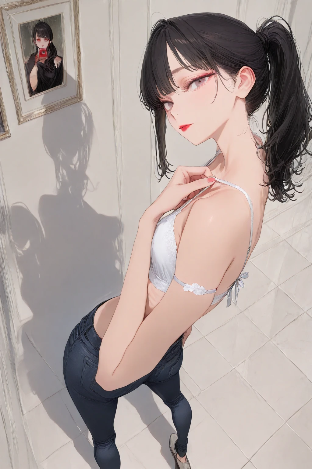 ((Лучшее качество)), ((шедевр)), (подробный), a naked girl with black hair in a bikini holds scissors in her hands and cuts off a small dick to a guy