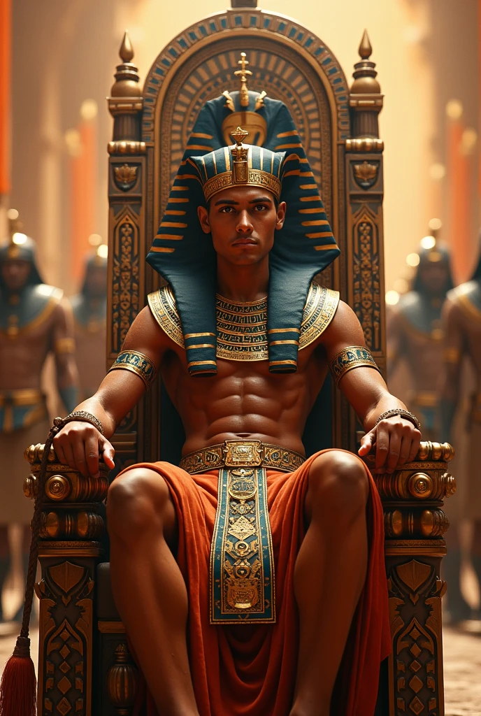 Beautiful young man king of Egypt is sitting on a chair and people are looking at him