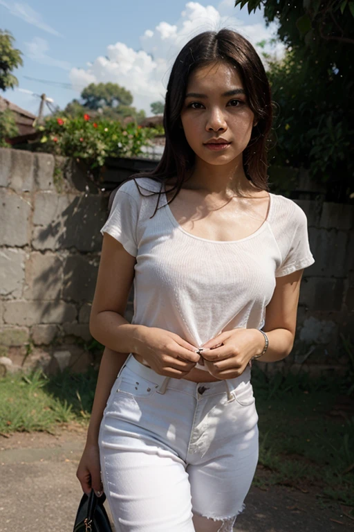 nsfw, ((Outdoors)), (8K、RAW Photos、Highest quality、masterpiece:1.2)、(Realistic、Realistic)、smile、1 Girl、((Polo shirt、skirt、Thin legs、whole body、See-through、stand))、ショートプリーツskirt、Shooting from below、Beautiful and delicate eyes、 View your audience、Shooting from an up-angle、skirtの下の下着をこっそり撮影、((White panties:1.8))