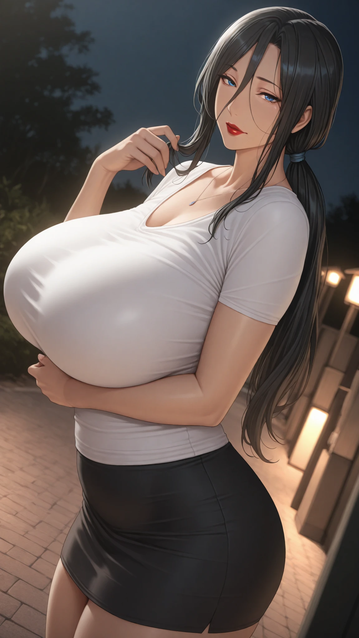 Pretty girl，Pure temperament，Bunched hair，ssmile，Super huge breasts，Large crotch width，Wear a tight transparent women's suit，Tight fitting shirts，showing waist，Stocking thighs