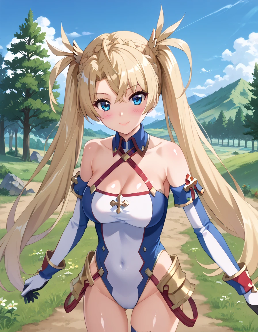 ultra-detailed, Explicit, Beautiful body, Beautiful Nose, Beautiful character design, perfect eyes, perfect face, ultra highres, 4K, beautiful legs, perfect legs, Nice hands, Perfect hand, Masterpiece, Best Quality, Highly detailed, illustration, absurdres, perfect anatomy, BOOTS, THIGH BOOTS, BODYSUIT, LEOTARD, HEADSET, absurdres, highres, solo, cowboy shot, 1girl, perfect hands, wind, (highres,best_quality,masterpiece), hair ornament, large breast, huge breast, wilhelmina braunschweig ingenohl friedeburg, long hair, blue eyes, blonde hair, braid, hair braid, single braid, ribbon, hair ribbon, side braid