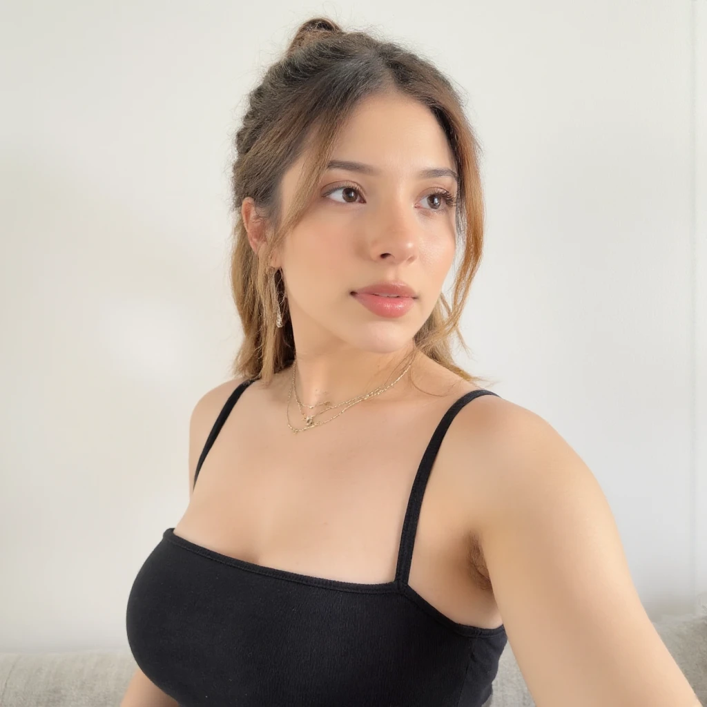 there is a full body of a woman taking a picture of herself with her cell phone, very very low quality picture, flower in her hair, headshot profile picture, selfie of a young woman, low quality photo, lily frank, her face looks like an orchid, Big , huge , no clothes, sexy, cute, minimal clothes, thick, bbw, chubby stomach, thick nipples, nipple piercings, large areola, hard nipples, piercing through shirt, nipples hard through shirt, busty, major cleavage, naked, ripping through top, spilling over sides, bra too tight, giant , extra wide hips, upper body zoom in, showing off huge , fat stomach, see through top, fat bbw, large areola showing, major cleavage, latina, down to stomach, wide hips, sexy, upper body zoom, showing off , top half only, showing only upper, showing off cleavage, shown down to hips, extended background, no empty space in background, fill all pixels, nude girl in bedroom, wearing only a bra, background extended, upper body only in whole picture
