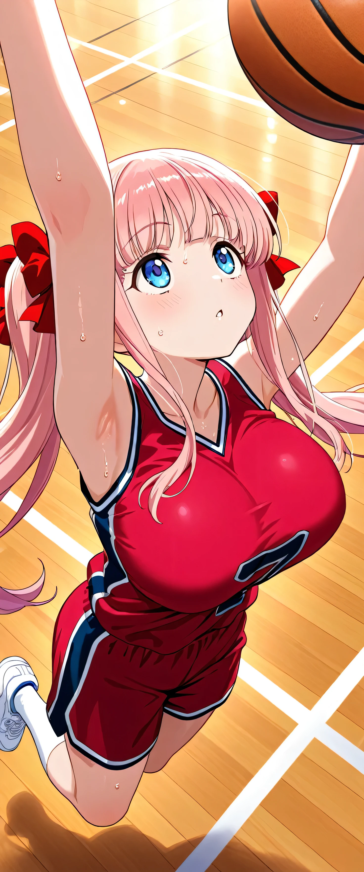 (beautiful girl: 1.3),masterpiece,Please redeem,Ultra-high resolution,Rich contrast,Very high quality,8k,Highly detailed CG unit wallpaper,Texture,So ridiculous,RAW Photos,Please redeem anime,Depth of written boundary 1.2,nodoka_haramura, 1girl, pink hair, twintails, long hair, blue eyes, ribbon on twintails, huge breasts,basketball wear,gym,(Taking a layup shot:1.5),wide eyes,sweat,(looking up:1.2),jumping