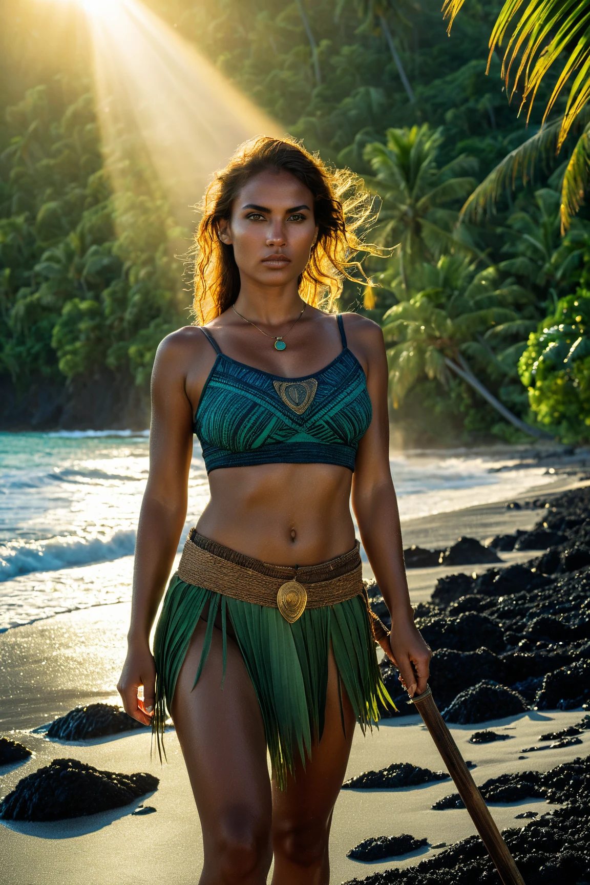 portrait photo of sexy woman in a , (african female,  short black hair, bandana, athletic body, medium breasts size, brown eyes, beauty skin: 1.3), (masterpiece, best quality, intricate details, highly detailed:1.2), close up photo of a mature woman, (dark skin: 1.5), thighs, (strapless top, skirt), (smile:1.3), cleavage, sagging breast, slender waist,  outdoors, sunlight, outdoor restaurant, fishing boats in background , bokeh