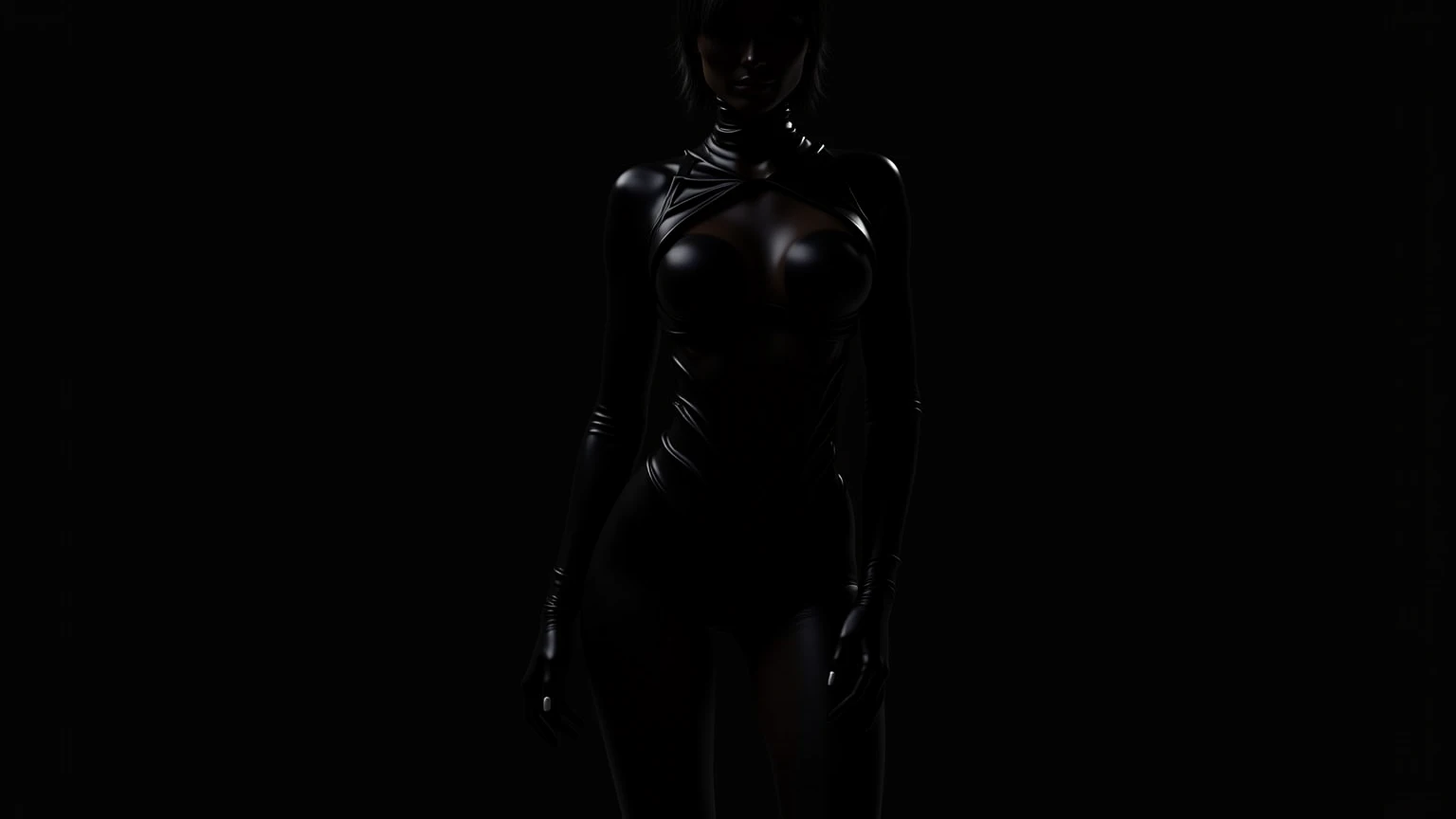a gorgeous woman in a transparent black bodysuit, see-through, standing, short bob haircut, piercing blue eyes, black bodysuit with intricate hex pattern design, fishnet stockings, highly detailed, photorealistic, cinematic lighting, dramatic shadows, vivid colors, masterpiece