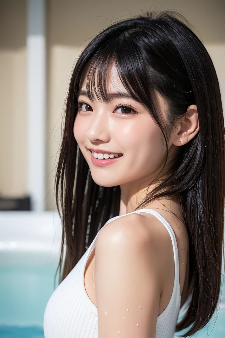 (((Camel Toe, Protruding pubic hair, Pussy, Tabletop))),(masterpiece)、(highest quality:1.5)、(16k wallpaper:1.2)、(Photorealistic:1.2)、(Ultra-detailed:1.2)、(Surreal), (High resolution), (Very detailed), (Professional), (Realistic), (Post-processing), (Very detailed),(Sharp focus), Sharp focus:1.2,Photorealistic, Ultra-realistic, Backlight, (Improvement of quality:1.4), Healthy thighs、(Narrow waist)、Big Ass、(Beautiful legs)、((Perfectly detailed five-fingered hands)),(Anatomically correct body)、((1 female:1.4))、Japanese、Asian、Realistic Skin、(Small chest:1.4)、Bust size is C cup、Pretty woman with perfect figure:1.4,(from the front:1.5), (Enhances the beauty of skin texture:1.1), (Beautiful fine details), (Detailed face),Beautiful realistic face,No makeup、美しいBlack Hair、The best smile、Natural color lip、(Small Mouth:1.2)、(Oval Face)、Even bangs、Hide eyebrows with bangs、((29-year-old woman))、Bob Hair、Hair blowing in the wind, (Black Hair, Iris, Watery eyes, Shining Eyes, Bob cut hair, Small earrings,), Hair behind the ear、No makeup、(Drooping eyes)、Drooping eye corners、Professionalのカメラマンが撮影した写真,1 girl, Cute Smile.whole body、(((One lovely woman)),((A big friendly smile)),(( Small breasts,Small breastsの谷間)),((((Plump Cheeks)))),((whole body:1.5))、(Narrow waist、Slender Body)、 cute look and cute 29-year-old 美しい girl, Hair blowing in the wind、(Shooting in the pool), (Wearing a swimsuit), (Fashion model posing)
