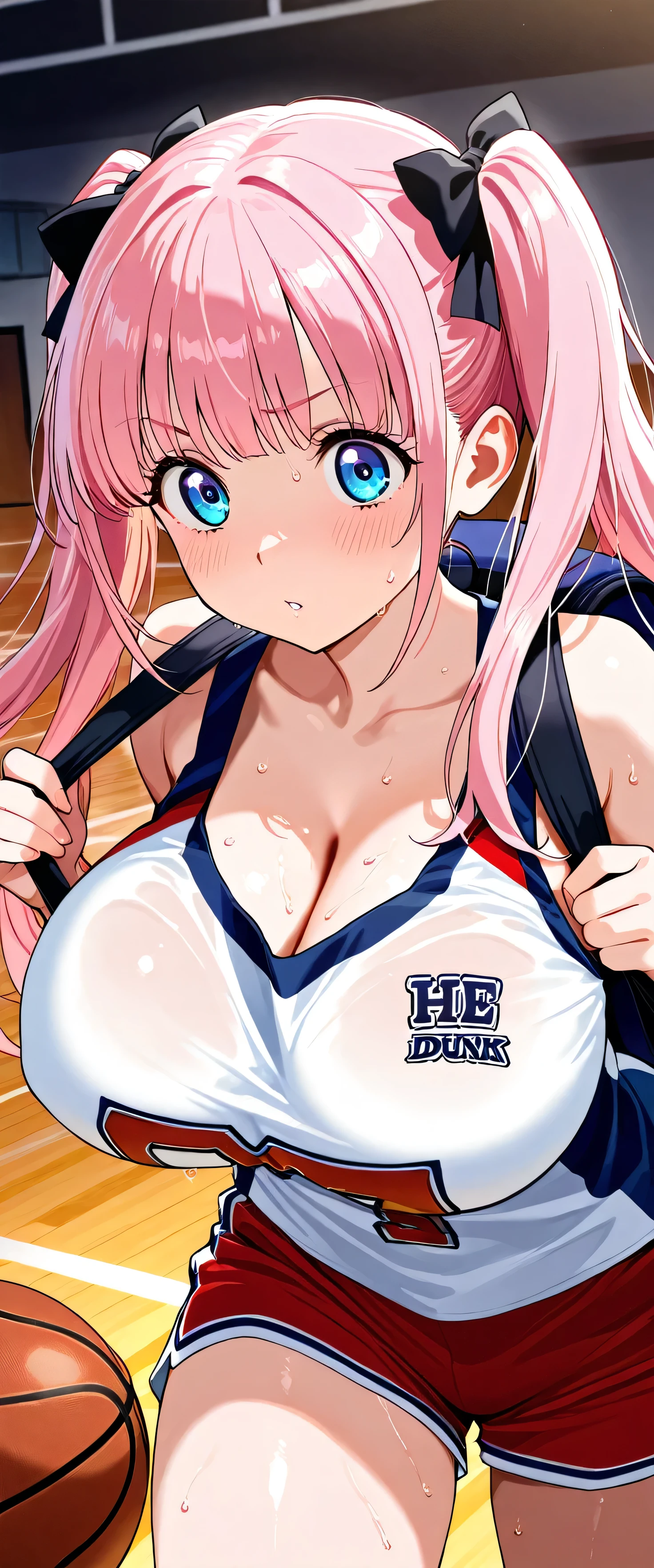 (((The straps of my sports bag are digging into my chest))),(beautiful girl: 1.3),masterpiece,Please redeem,Ultra-high resolution,Rich contrast,Very high quality,8k,Highly detailed CG unit wallpaper,Texture,So ridiculous,RAW Photos,Please redeem anime,Depth of written boundary 1.2,nodoka_haramura, 1girl, pink hair, twintails, long hair, blue eyes, ribbon on twintails, huge breasts,basketball wear,gym,(He is making a spectacular dunk shot:1.5),wide eyes,sweat