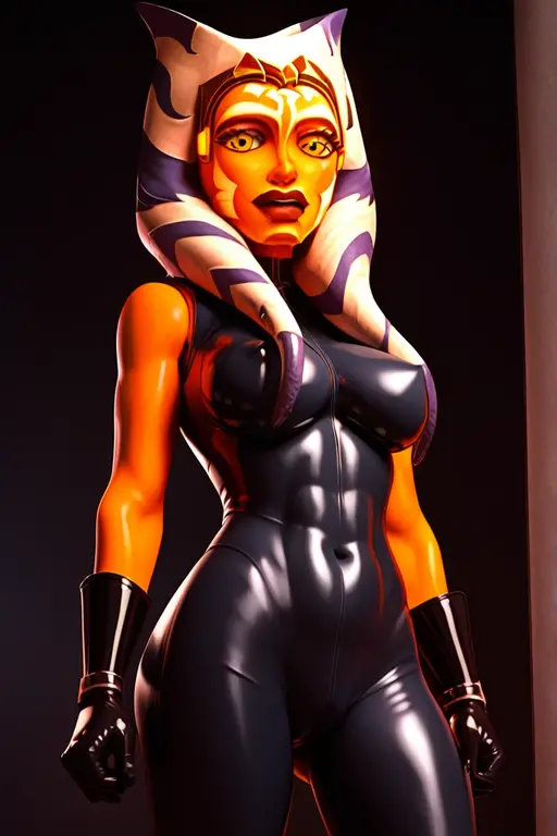 score_9, score_8_up, score_7_up, score_6_up, score_5_up, score_4_up, AhsokaTanoXL, red eyes, tentacle hair, orange skin, futa, colored skin, facial mark, large breasts, black latex catsuit, black high heeled thigh high boots, operagloves, solo, standing, , focus face, big breasts, slurty, looking at viewer, indoors