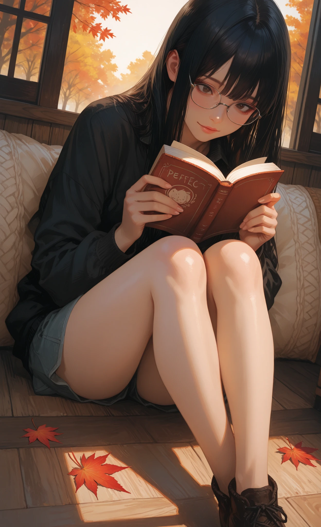 8K resolution, ultra-high definition CG video, high resolution, ultra high quality, super masterpiece, one girl, (sitting on the grass leaning against a tree, reading a book, knees together, legs apart) , upskirt), ((front view, low angle)), one piece, detailed, morning, sunrise, autumn leaves, bare feet, photographed from the front, wearing panties,