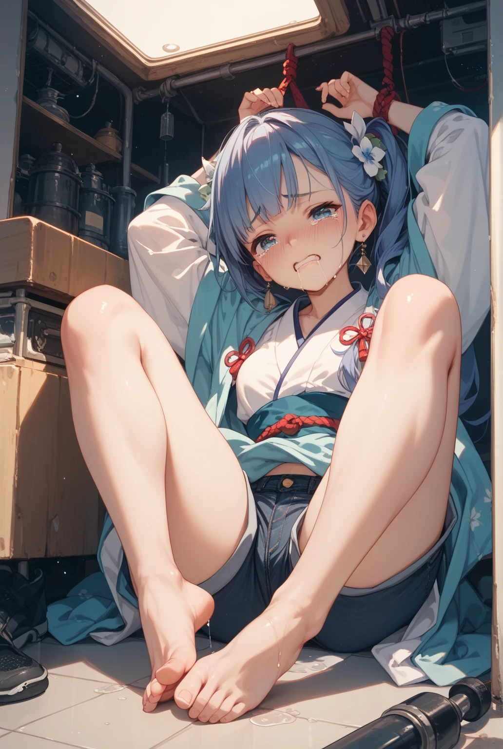 Blue Kimono , floral kimono,
((masterpiece)),
((best quality)), Flower Hair Ornament,
((high quality)),
((ultra high res)),
((female)),
((high quality)), ((sad)),
((bashfulness)),
((blush)),
((shyness)), ((nude)),
((fluffy scarf)), Black hair, braid hair, in the toilet, masturbation, open mouth, panty