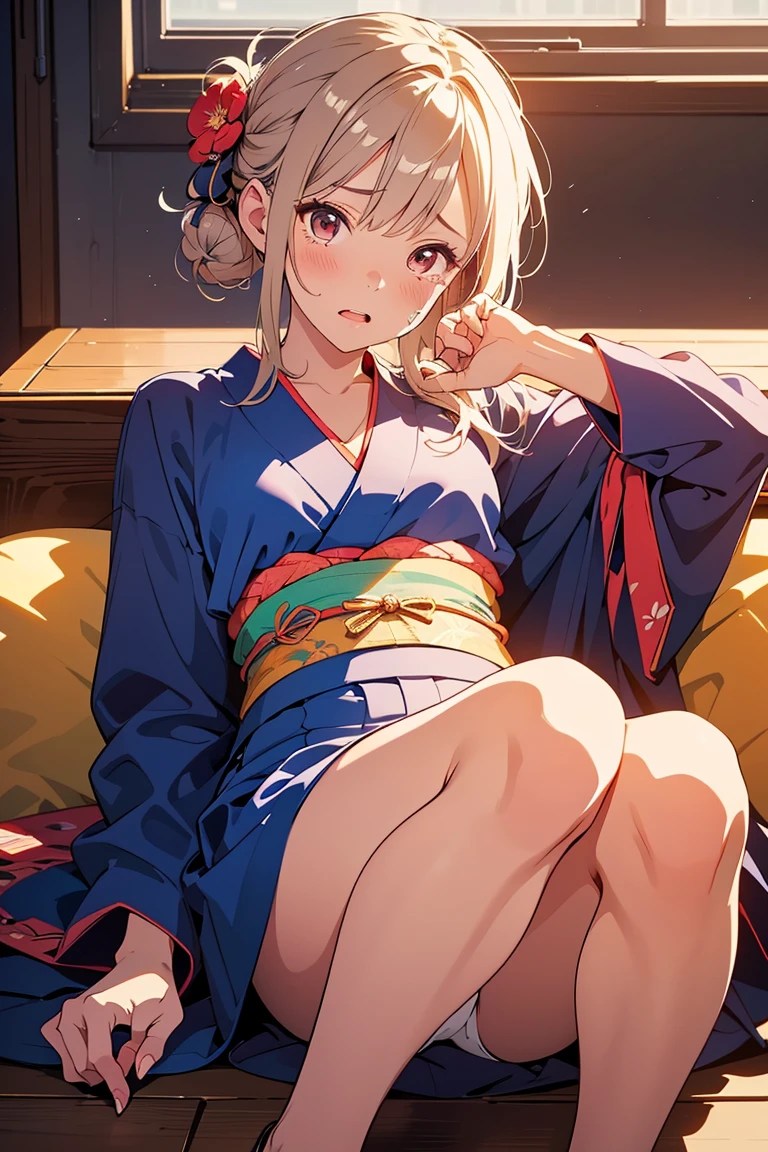Best Quality, hight resolution, 1girl in, 8k.red eyes、A dark-haired、Gold hair ornament、Luxurious kimono with cherry blossom pattern、Detailed hand depiction、Angle looking up from below、Inappropriate smile、Seductive face、Crystal clear luster、Bare legged、Show the soles of your feet to the camera、Detailed foot depiction、Beautiful foot line、Physical education sitting、