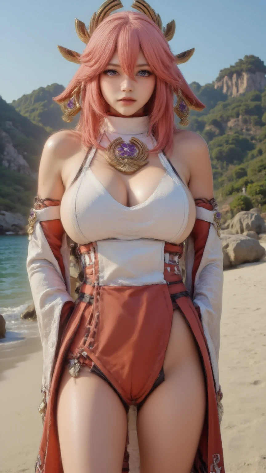 magazine cover of warrior, sexy pose, big breasts, servo armor, katana sword, pink hair, elf earns, witch hat