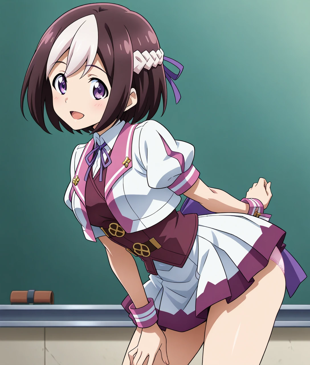 PDXL, score_9, score_8_superior, score_7_superior, sauce_anime, Break 1 Girl, anime style, intricate details, Very dim lighting, night, School, classroom, indoor, koigakubomomoko, 1girl, difficult, purple hair, long hair, hair bow, brown eyes, ponytail, pink bow, (((skirt lift, white panties, pull down panties, vagina))), (((8-year-old, , chibi, Small Head, very flat chest, Very cute baby face))), (((uncensored))),