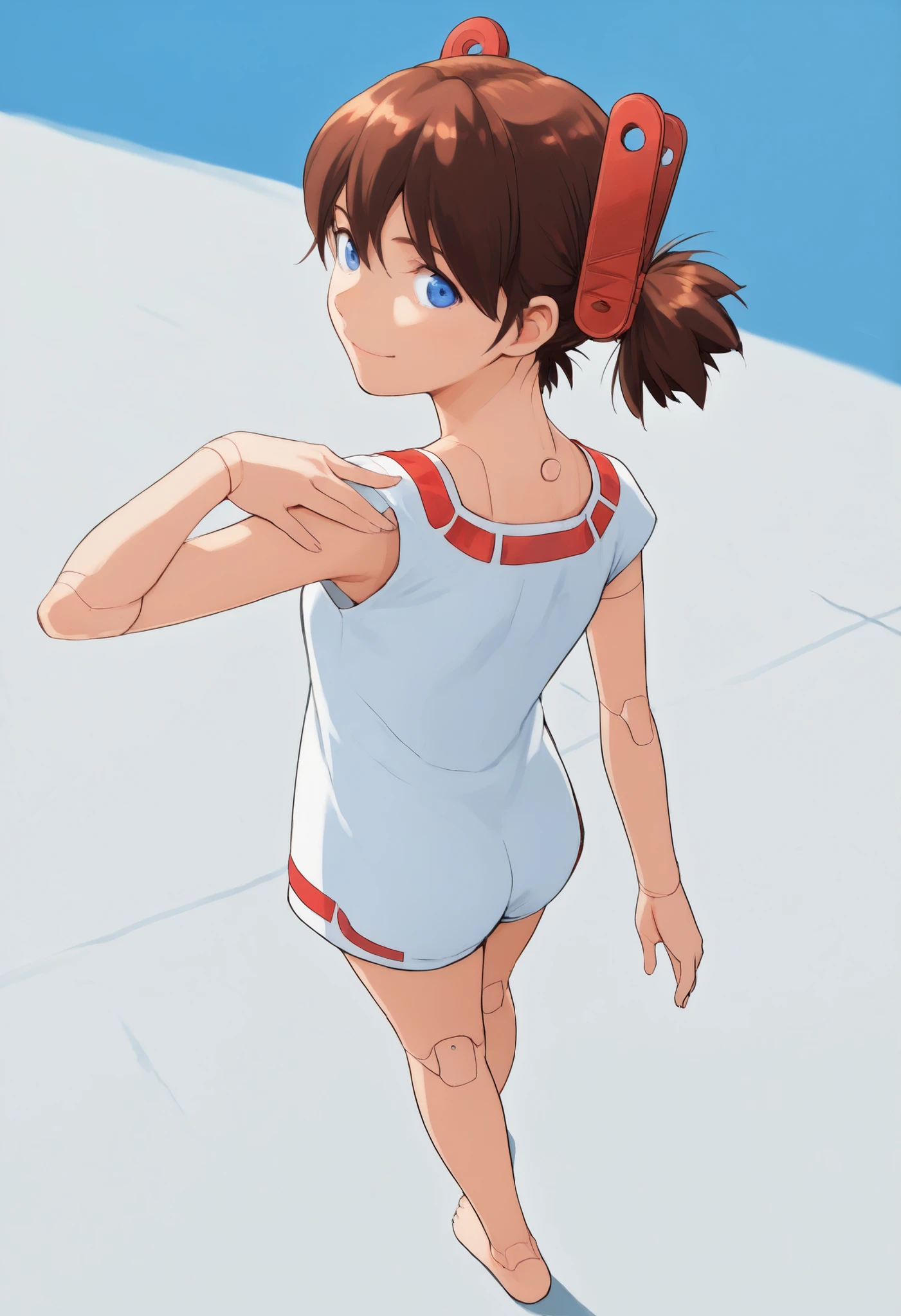 A doll lady is very short pigtails, brown hair, Hair tie with two red big crimson red clothespins, android, blue eyes, flushed cheeks, anime picture. angle from back view. barefoot. she is in blue sky. She wares only white one-piece. She closes eyes. She smiles and enjoys relax time. Extreme close-up of hip. She is spread her chest. She wares no panty, no shorts. She looks back.