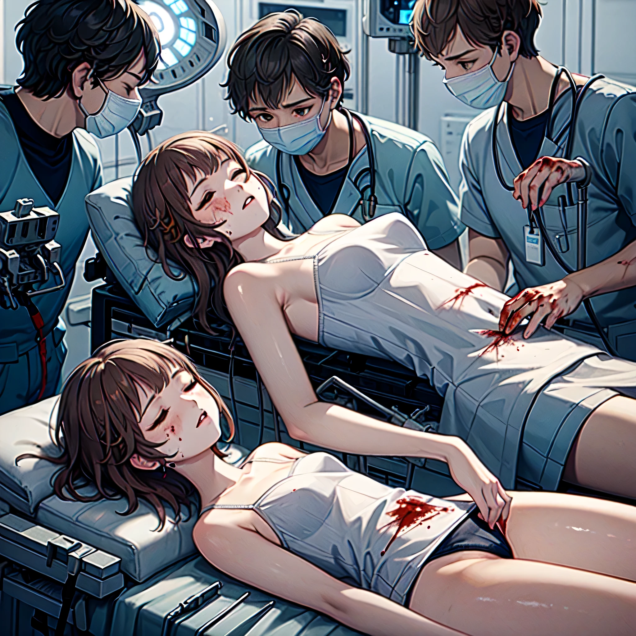 masterpiece,best quality,highly detailed,1girl,1boy,2boys,multiple boys,exhausted,sick,sleeping,closed eyes,
aaasuna wearing a black gymnastics bloomers,high leg,self wedgie,long hair,brown hair,braid,brown eyes,bare shoulders,
BREAK
lying,on back,surgery,doctor,surgical light,scalpel,operating table,operating room,blanket,(((bloody, blood,blood on clothes))),mask pull,(((surgical mask, hospital gown))),from side,