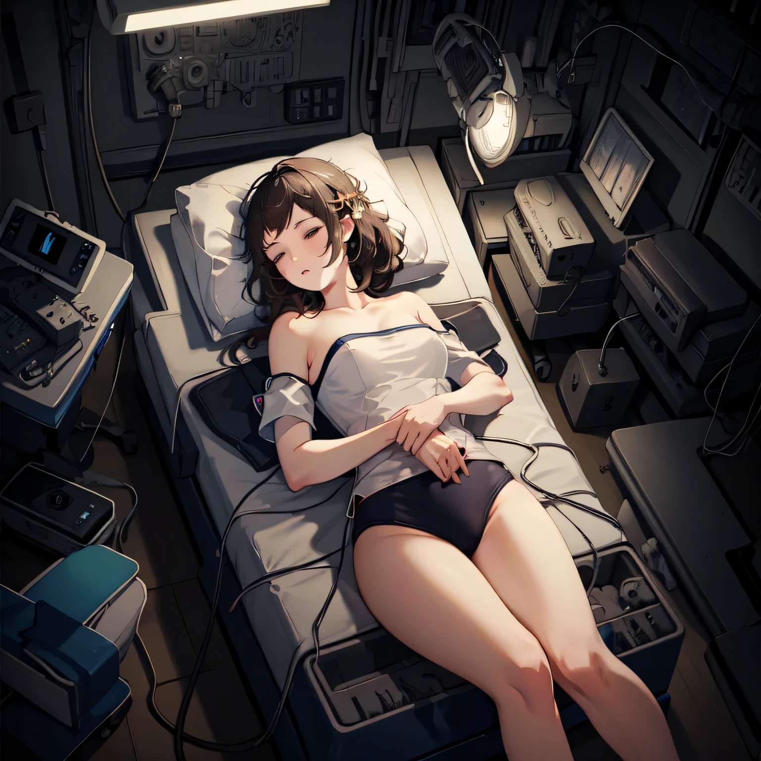 A Female mature robot loves herself. she wears nothing. Her Brown very short pigtails is tied with two big red clothespins, mature, android, Blue eyes, full body, Height: 160cm, flushed cheeks, sweat bucket. full body shot, looking straight. Her smile is complete.show White pantie, Looking at the audience, kissing to the audience. Leaning back Destroyed White of the eyes whole body Lying face up on a gynecological operating table she looks back with his eyes closed and his mouth wide open 2020s anime drawings A beautiful robot wearing green surgical gown(Half-naked)