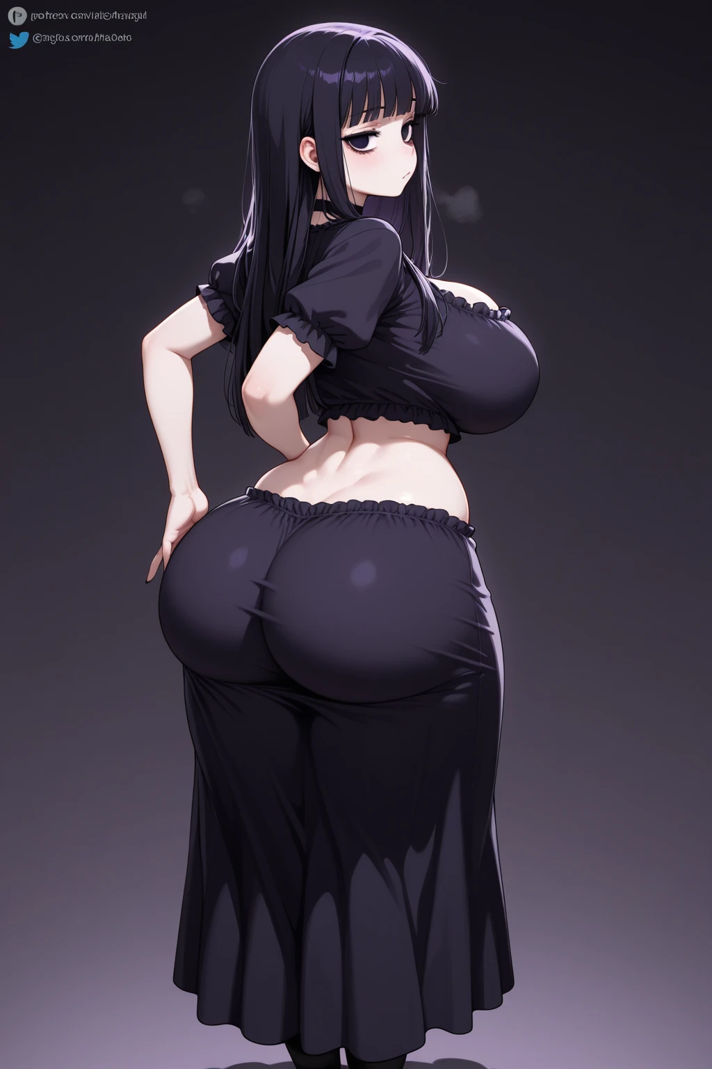 A very beautiful lustful little  pervert with huge tits and huge thighs and a huge ass in a very small, oversized open swimsuit shows her curvaceous figure standing doggy style on tiptoe 