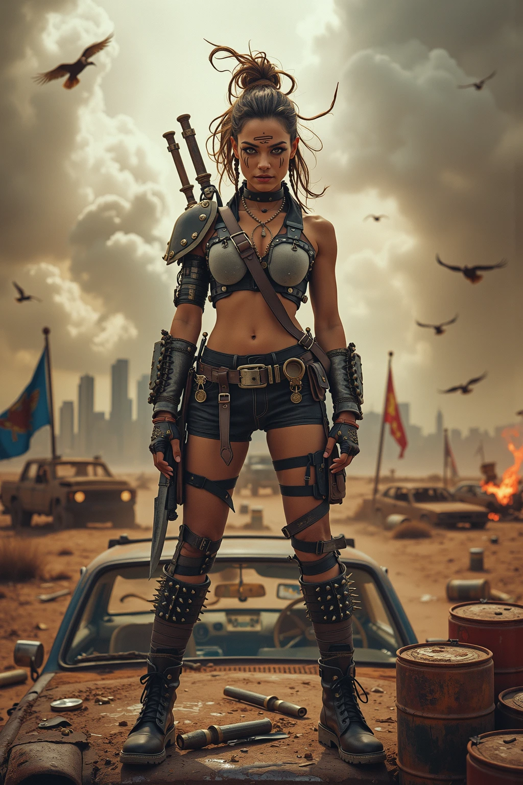 sexy woman, postapocalypse raider, dirty clothes, dirty head, big city ruins, mad max style, ((best quality)), ((masterpiece)), detailed image, full body iamge, detailed background, dramatic cinematic lighting, soft edge lighting, professional, dramatic lighting, hard edge lighting, ultra quality, 4k,(masteriece, best quality, 8k, ultra highres, highres:1.4), extremely detailed