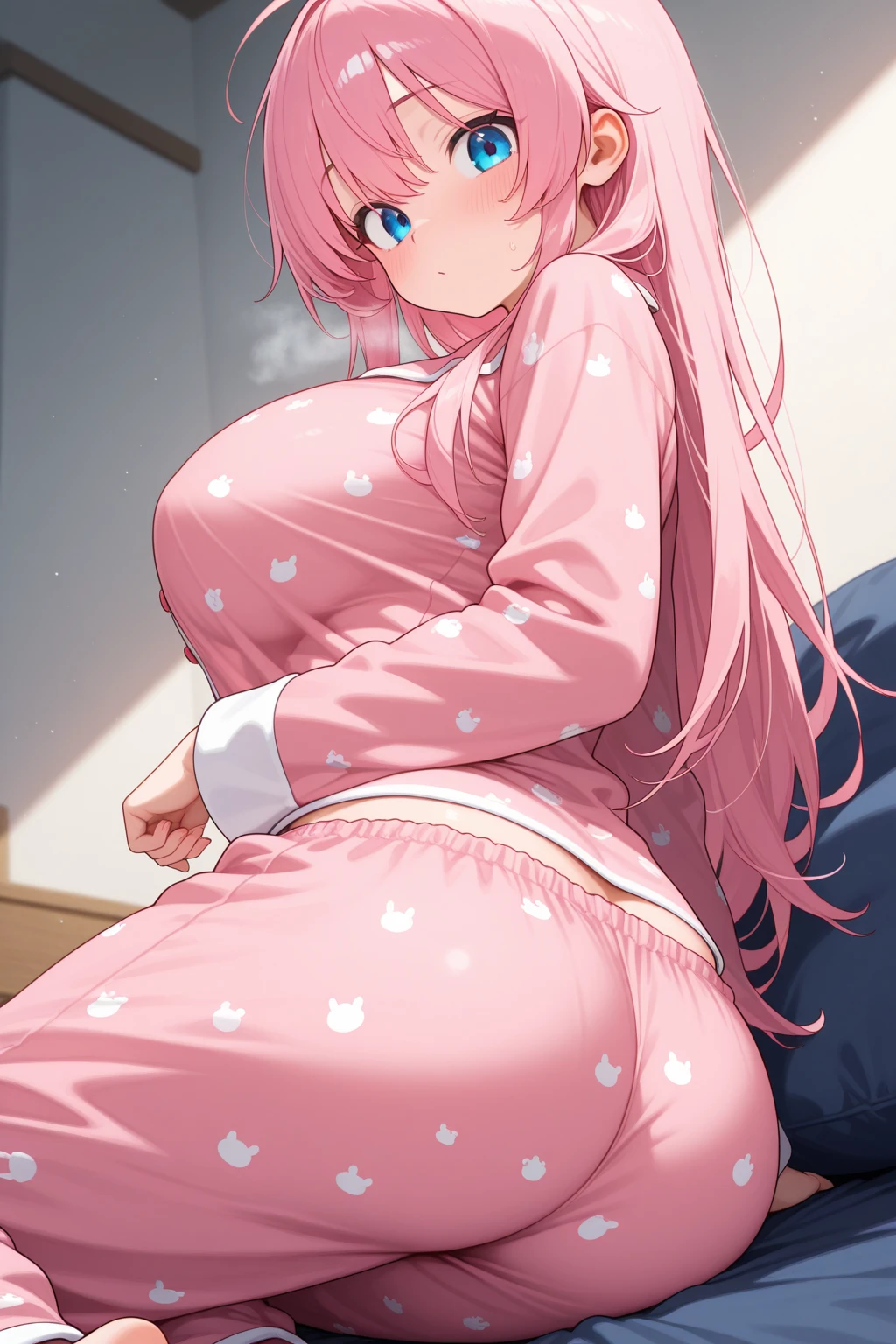 masterpiece、highest quality、Very detailed、Photograph the upper body、1 female、(Put your arms behind your back:1.4)、Are standing、Turn your body forward、View your viewers、(blue-night gown)、break,blush、shy、Pink Hair、Open your mouth、living room、night、Big Breasts、