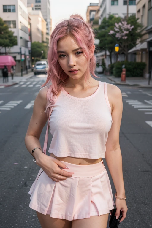 Dayu Seren, The girl is walking through a city with beautiful night views., Very delicate and beautiful girl, Genuine, incredibly Absurd, Abstraction, From waist to shoulder, snatch, very elaborate body, Big smile, young,20-year-old, Very long hair, Flowing Hair, Pink Hair, ピンク iris, Two-tone hair, Beautiful fine hair, Exquisite and beautiful face, A faint smile, Clear Eyes, Soft lips, iris, Neck strap, Frills_skirt, knit, White clothes, Beautiful and clear background, Beautiful sky, bloom, Very accurate and detailed, Absurd, Very CGI-like,Huge ,Huge breasts,Showing off your breasts,Showing off your breasts,Ultra Wide Angle,whole body