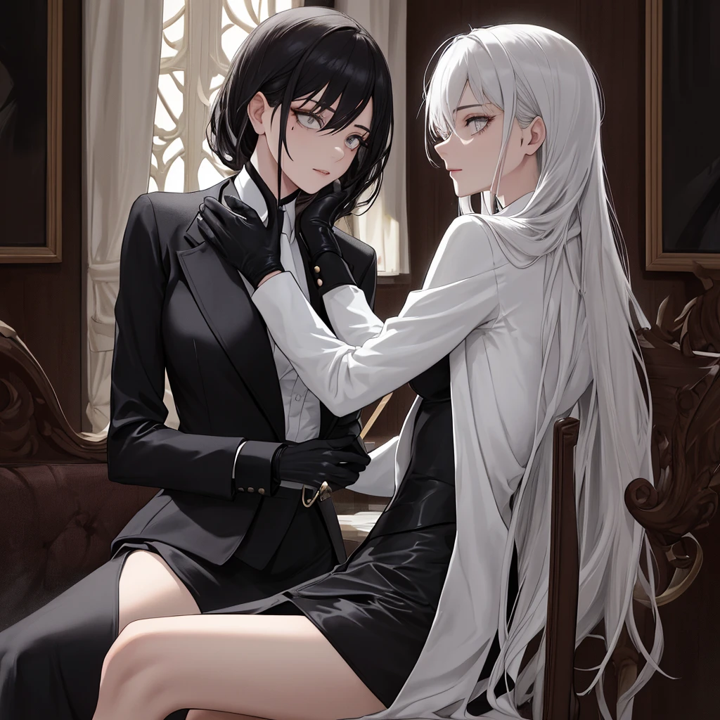 (best quality)), ((masterpiece)), (detailed), a man with black hair, blue eyes, white skin and a black outfit, hatred in his eyes.  girl long white hair, skin hurt by bruises and wounds and pale, no clothes on and severely angry.  The two of them are fighting, the boy is choking her, they stare at each other.(Image background: a dark, abandoned warehouse)