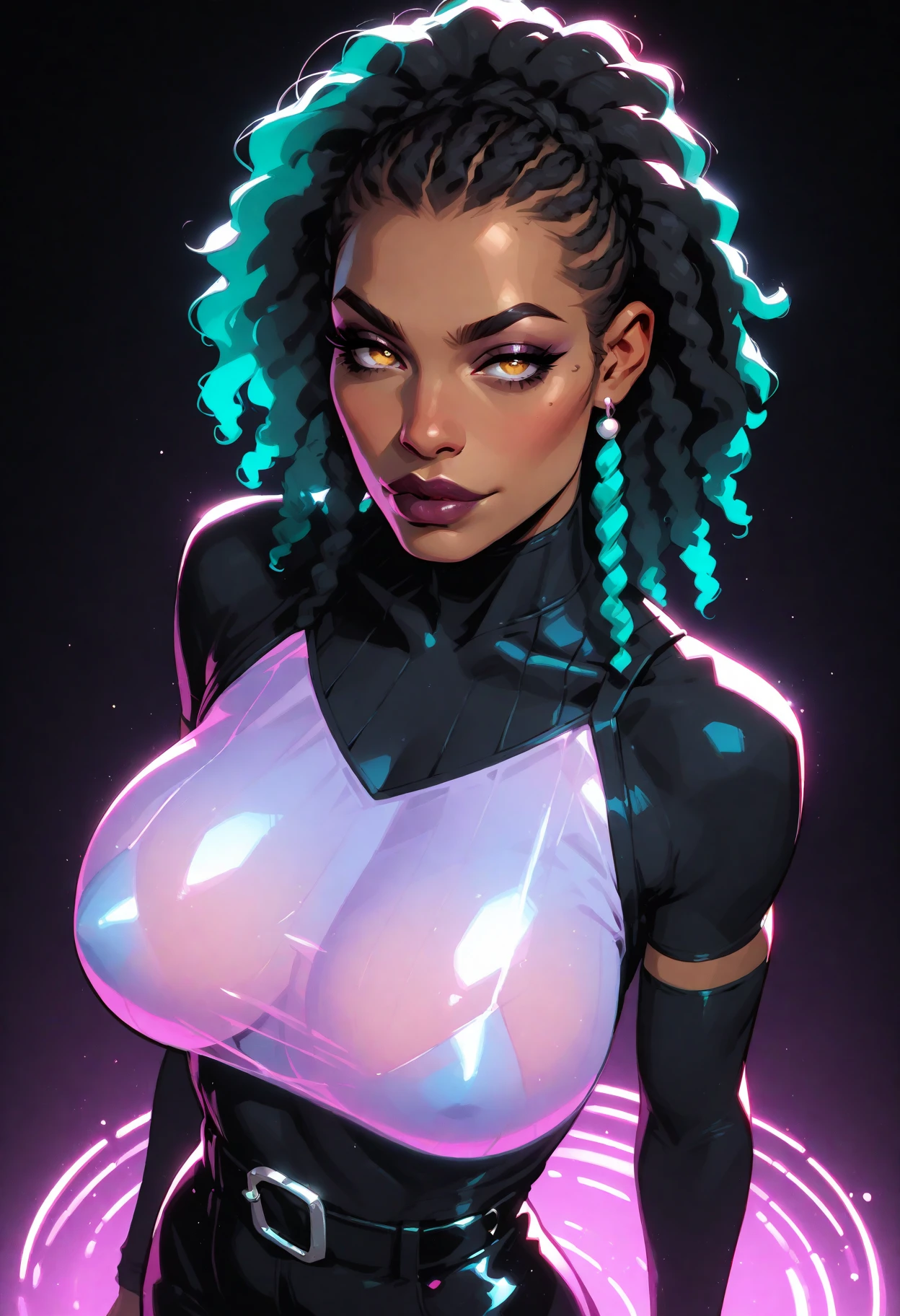 colorful virgin destroyer sweater, 1girl, ((dark skinned)) solo, navel, (((closed mouth))), side-tie panties, underboob, highleg panties, <lora:virginDestroyer_v10:1.5> , octane render, realistic, blacklight, 1girl,  (multicolored hair:1.3) (small Afro), tattoo, best quality, ultra high res, (((photorealistic:1))), mature female,
(<lora:Blacklight_v1:1.0.8>)