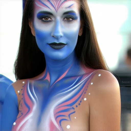 Nathalie Portmann, 25 ans, seductive look, sourire romantique, fine, brune, yeux verts, masterclass, 8K, UHD, HD, High quality, sexy, bodypainting, dans un atelier de peinture, tableaux, peinture partout sur le mur, motif de vague japonaise, topless, bodypainting, motif de tableau de la renaissance, impressionnisme, tableau renaissance peint sur le corps