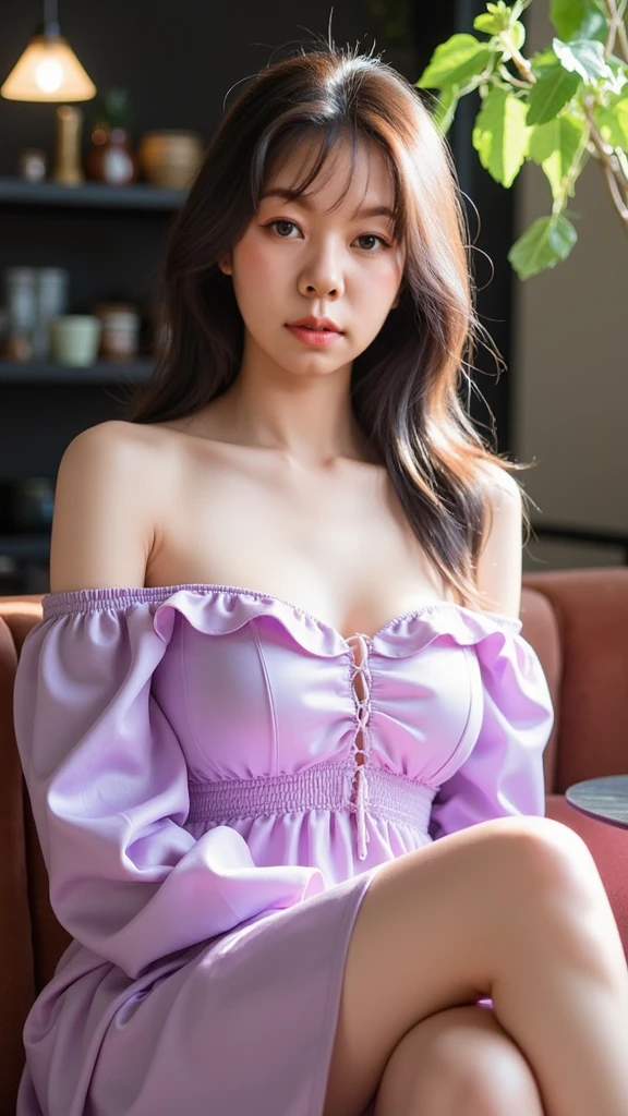 Japanese female, (underweight), (medium bust best quality:1.5), 30 years old, (pale purple outfit in bohemian style,:1.3),round earring ,jewelry ,collarbone,necklace