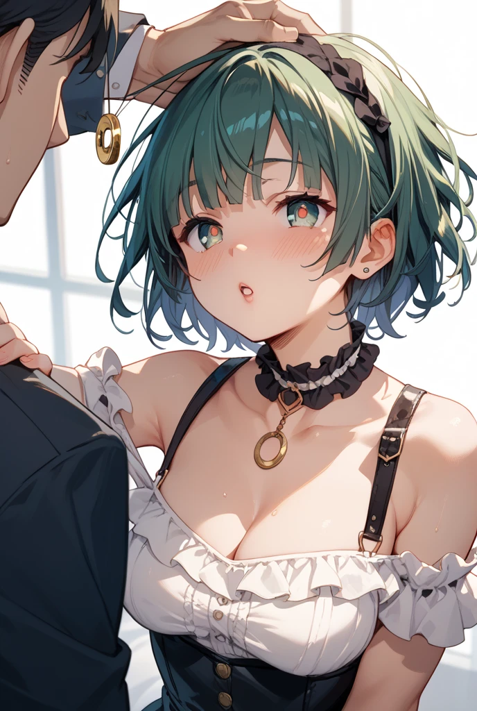 masterpiece, perfect anatomy, Precise, High Quality, 1 European girl, bob cut, light green hair, wavy, light green eyes, kind eyes, oval eyes, large breast, saliva trail, sidefellatio, (fellatio, deep throat, looking at 1boy, open clothes, breast, nipples, 1boy:1.4), penis