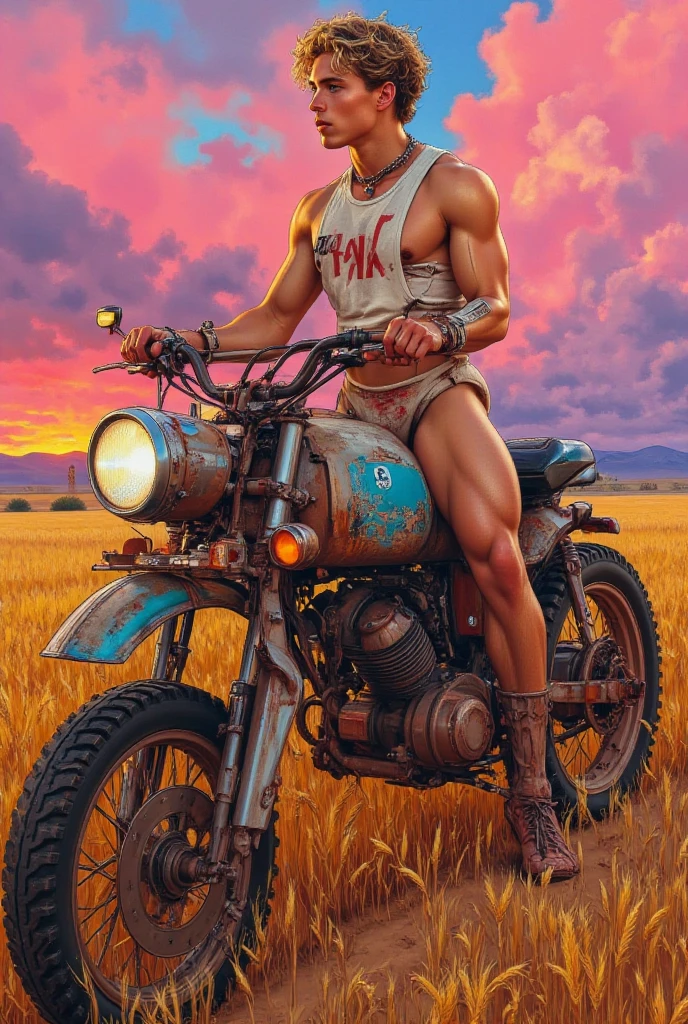 he is a ridding a pastel blue harley davidson motorcycle wide open legs, in the backgroound, pastel color dalle fantacy composition 1 ginger man ridding a blue light pastel harley motorcycle in a dalle scene by Aaron Horkey and Jeremy Mann, masterpiece, best quality, Photorealistic, ultra-high resolution, photographic light, illustration by MSchiffer, fairytale, Hyper detailed A mixture of photography and painting, simetryc Composition, Perfect Divine Proportione, 8k resolution fullbody image,(( view from front)) full body, oil painting A young man, white skin, ginger, barbed, hairy body, thin face, straight nose, thin lips, square chin, large light blue eyes, short red wavy hair, in roberto ferri style, aesthetic slim athletic body, ginger realistic skin, gorgeous, detailed tonned muscles, barefoot, perfect anatomy, muscled fitness body, Young man, perfect anatomy, , energetic splendid, Barefoot, naked, small flacid penis, slim and detailed muscles, shirtless, pantless, fullbody, wearing white lace breeches briets , bulge, sandals, the composition of shadows and lights give an atmosphere of spaciousness,