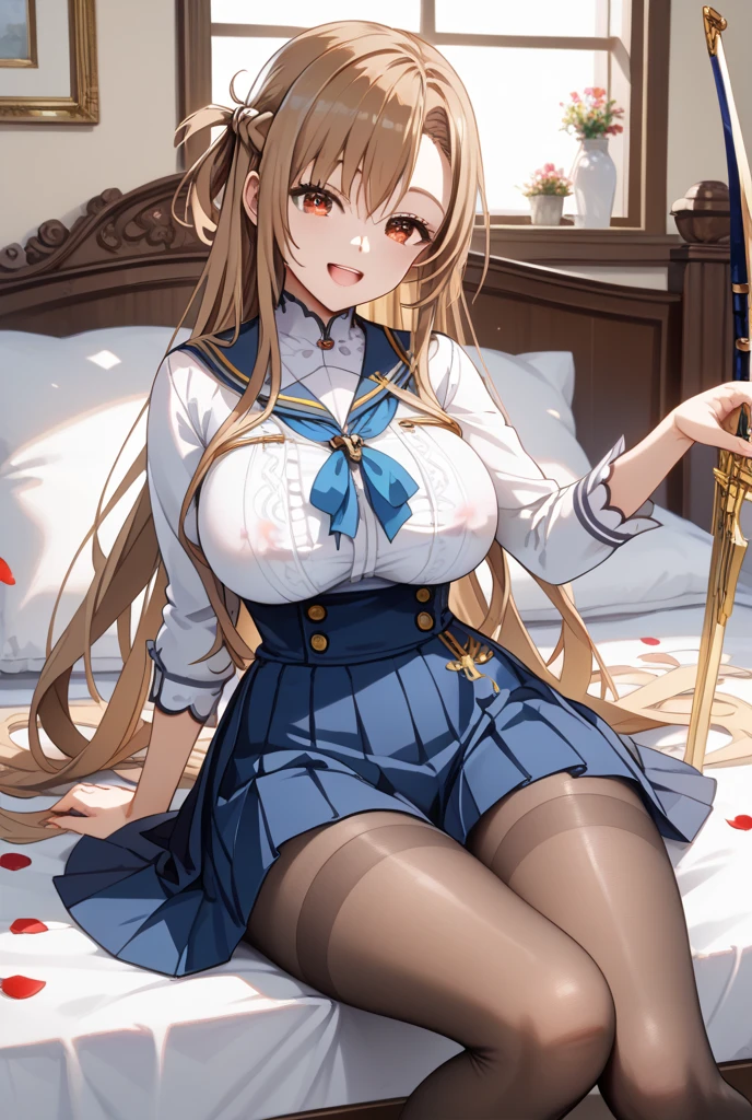 debris flies, highest quality, Highly detailed CG Unity 8K wallpaper, sexy witch , Long length hair、Dark blonde wavy hair、off shoulder knit, dark blue pleated skirt, stockings、medium breasts, saggy breasts, Pose that emphasizes the chest, blush, shy smile, bare shoulders, (((lift up the skirt with both hands、open your legs wide、please open your knees)))、、nice magic book、church bed、lying in bed、、light blue panties、light blue bra